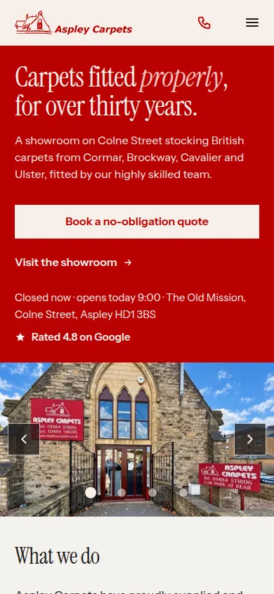 The same home page on a phone, with the phone number at the top and the quote button within thumb reach.