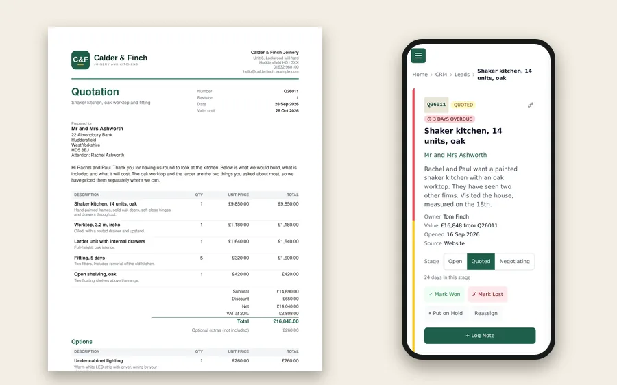 A branded PDF quote beside the same lead open on a phone.
