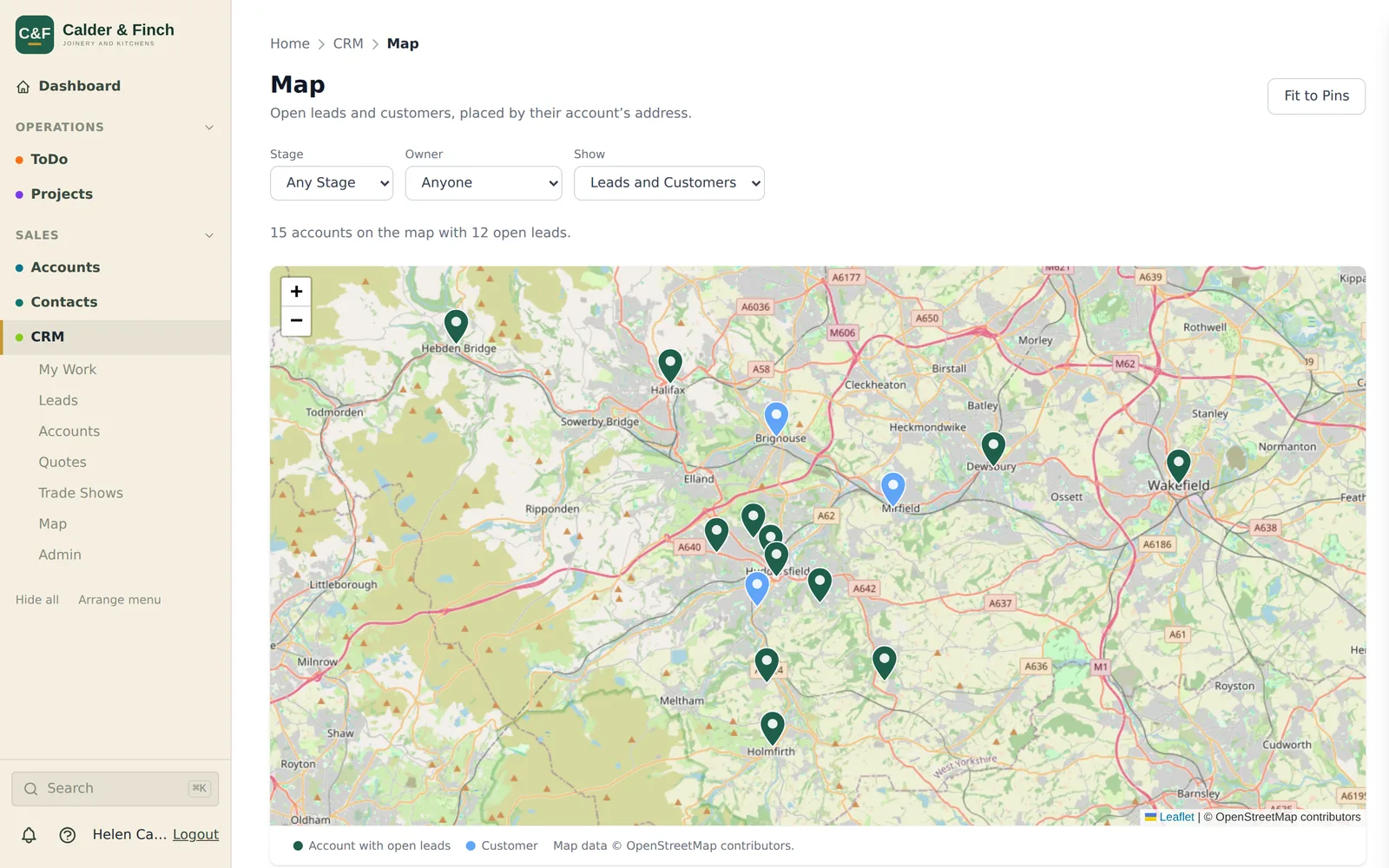 A map of West Yorkshire with pins for customers and for accounts with open leads, around Huddersfield, Halifax and Wakefield.
