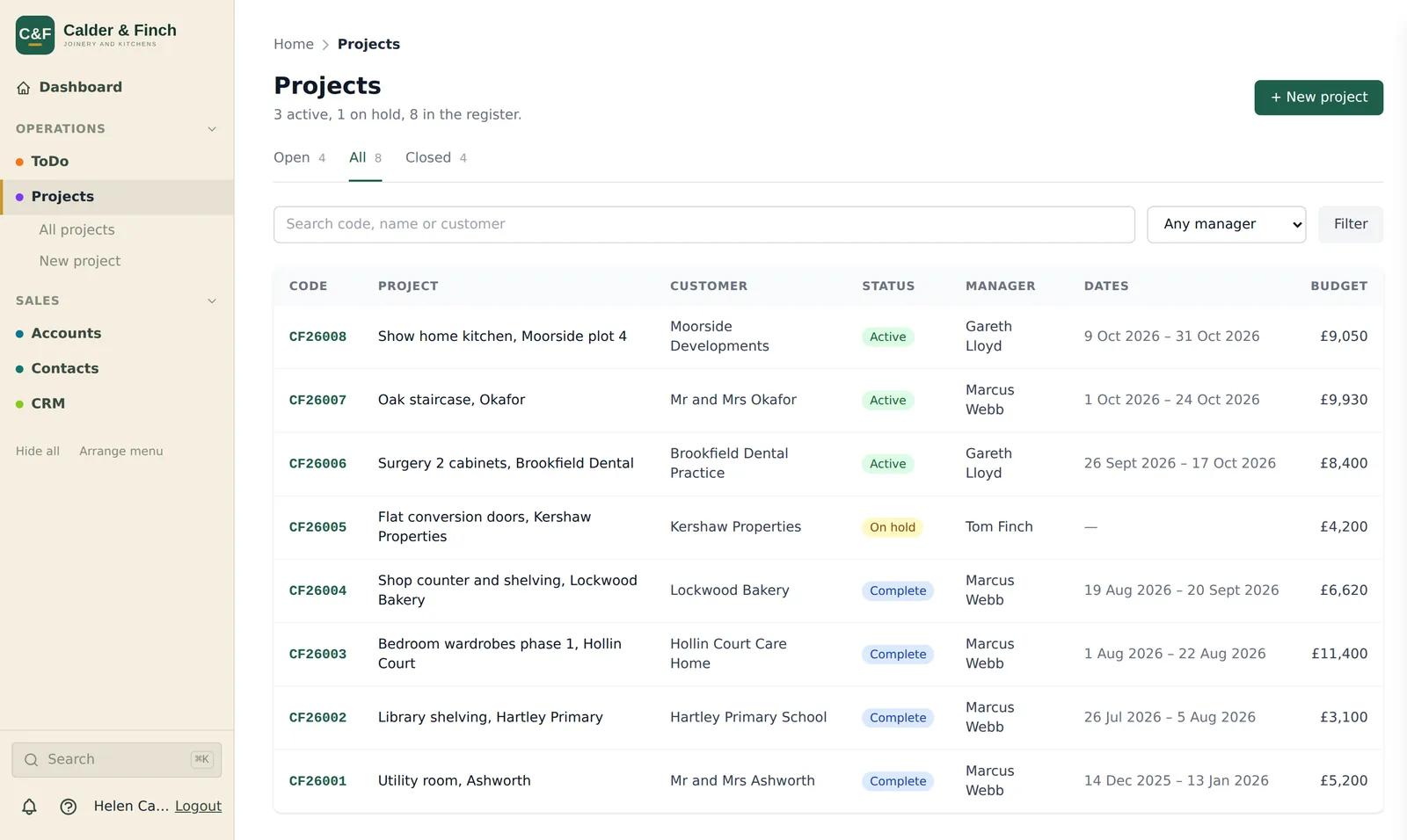A register of projects for the joinery firm: one row per job with its code, customer, status, manager, dates and budget.