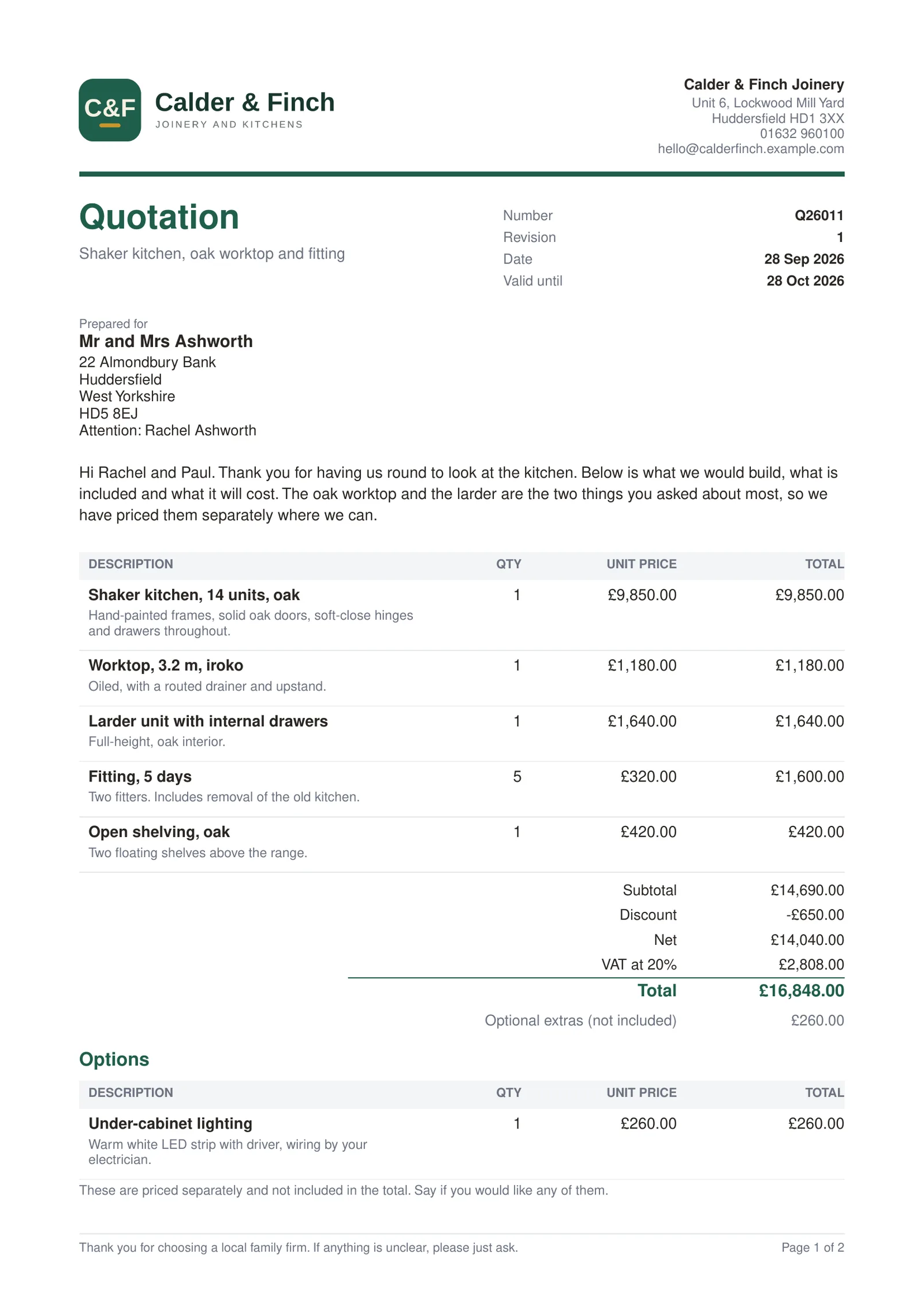 The first page of a printed quotation in forest green and brass, with the firm logo, the customer address, a short personal note and the priced lines.